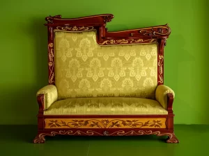 A beautifully ornamented vintage sofa with intricate designs against a vivid green backdrop.