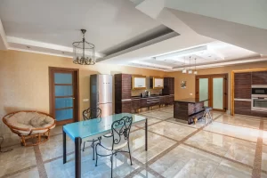 Contemporary kitchen with modern amenities and elegant dining area.