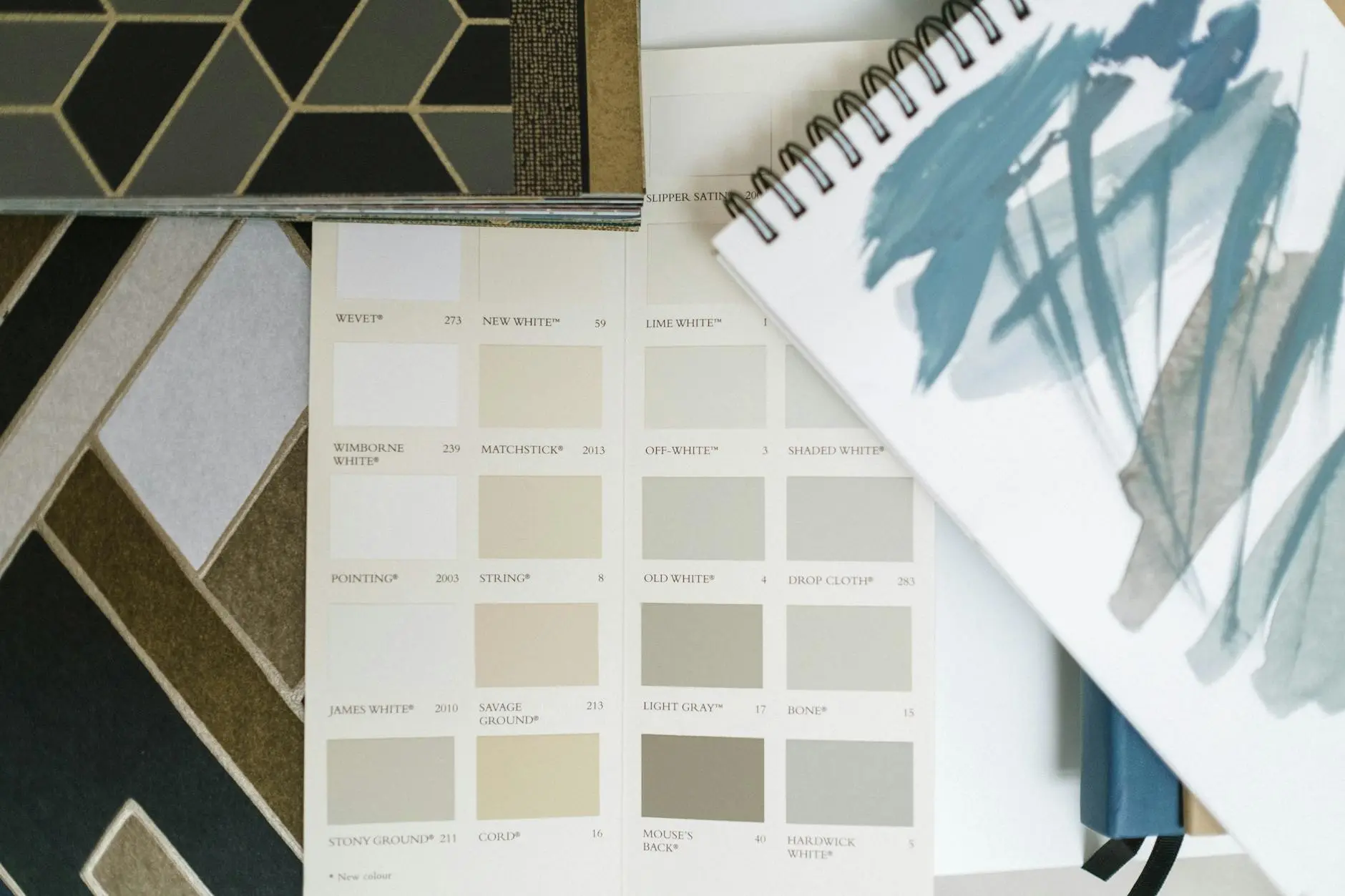 Top view of color swatches and design notebook showcasing elegant interior design elements.